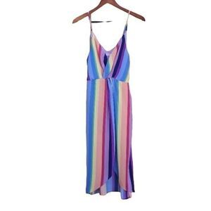 Blu Pepper Dress Pride Sheer Rainbow Striped Mock Wrap Spaghetti Mini Sz S